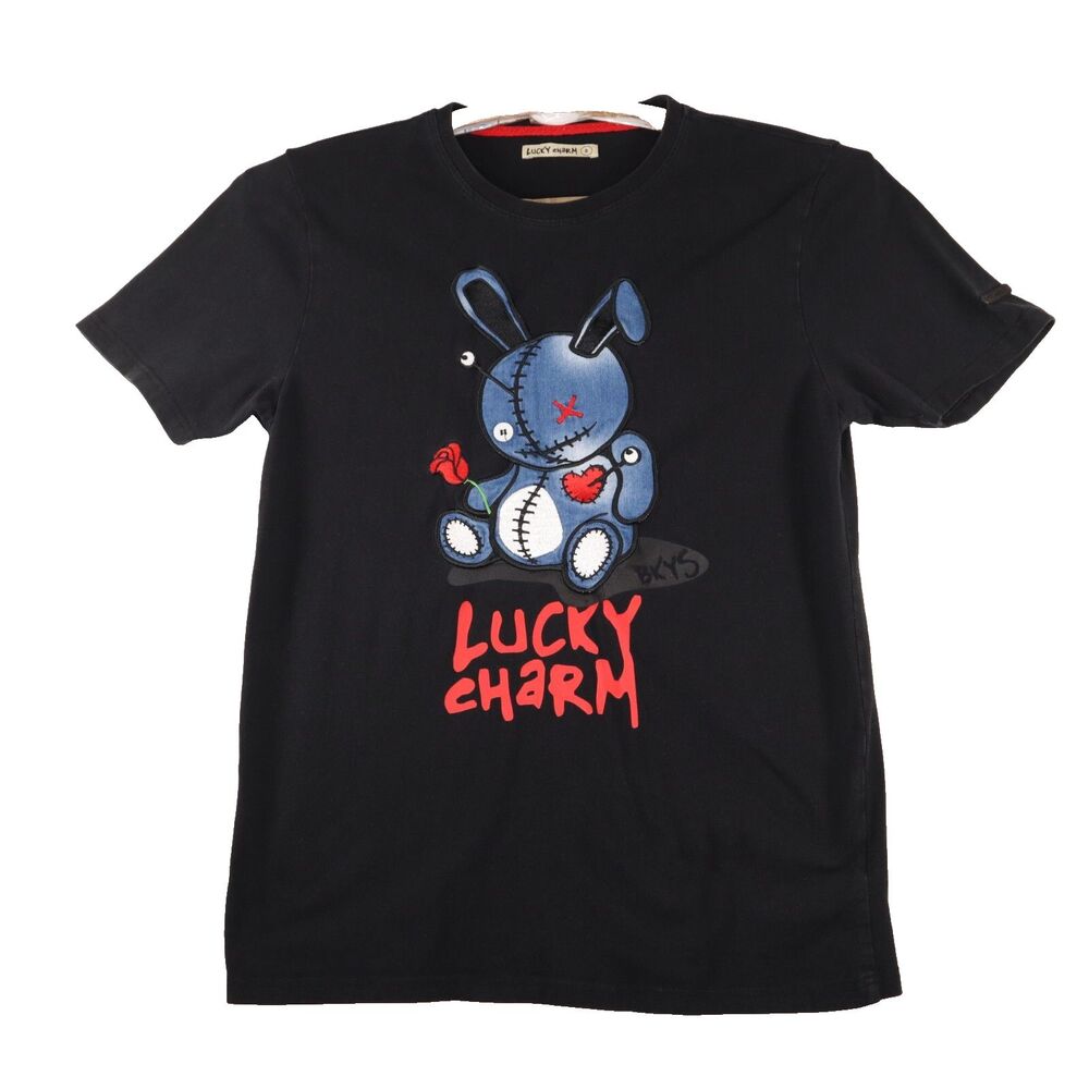 BKYS Lucky Charm Embroidered Bunny Holding Rose Cotton Blend T-Shirt Y2K Small